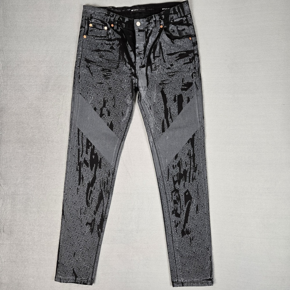 Purple Brand Jeans Mens 33x31 Black Skinny Leg Crackle Paint Stretch Denim P001